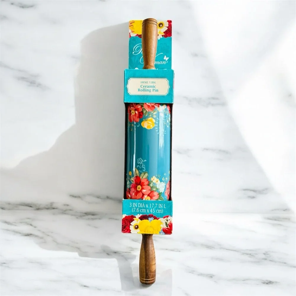 The Pioneer Woman Vintage Floral Ceramic Rolling Pin with Acacia Wood Handles